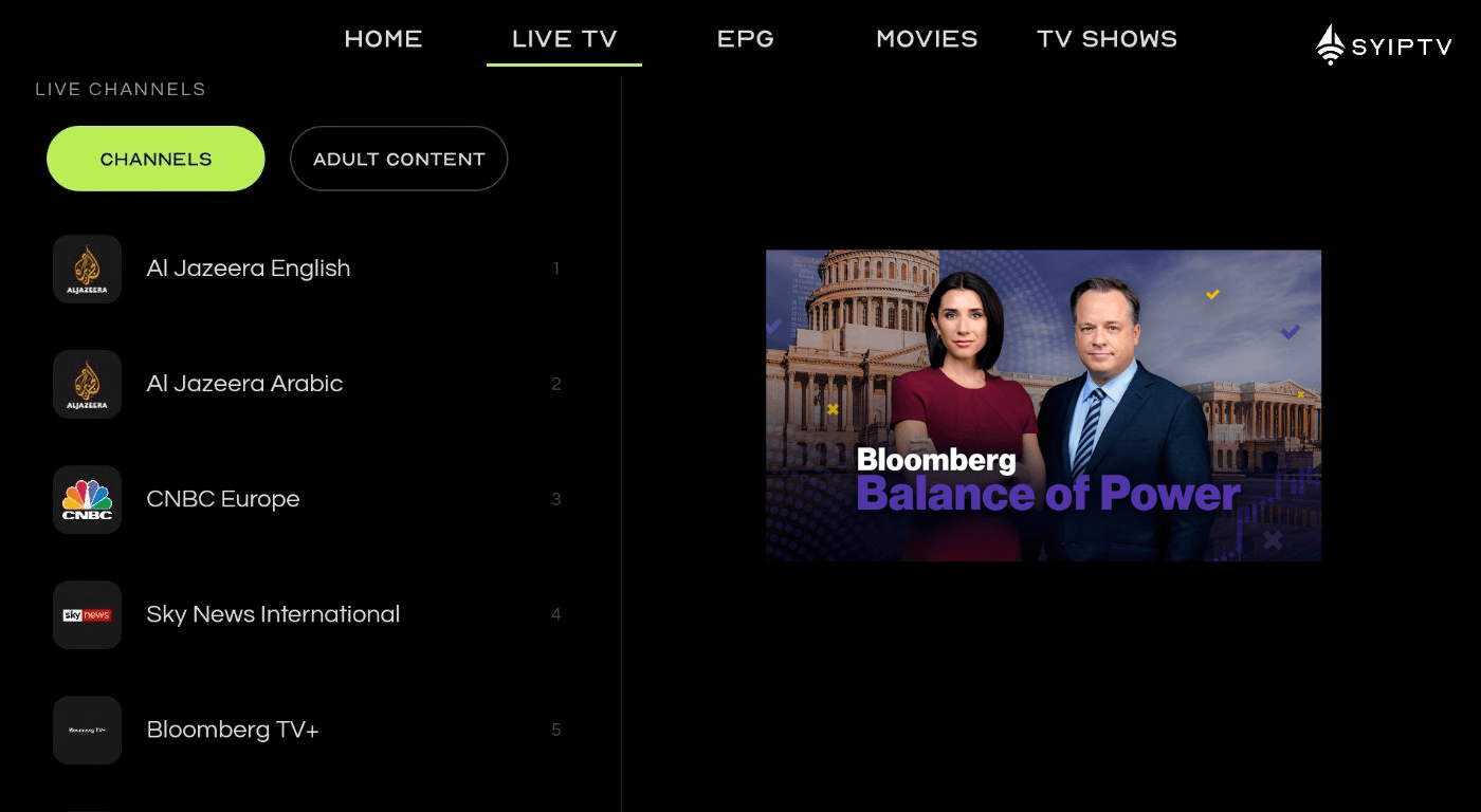 SYIPTV app live TV channel overview